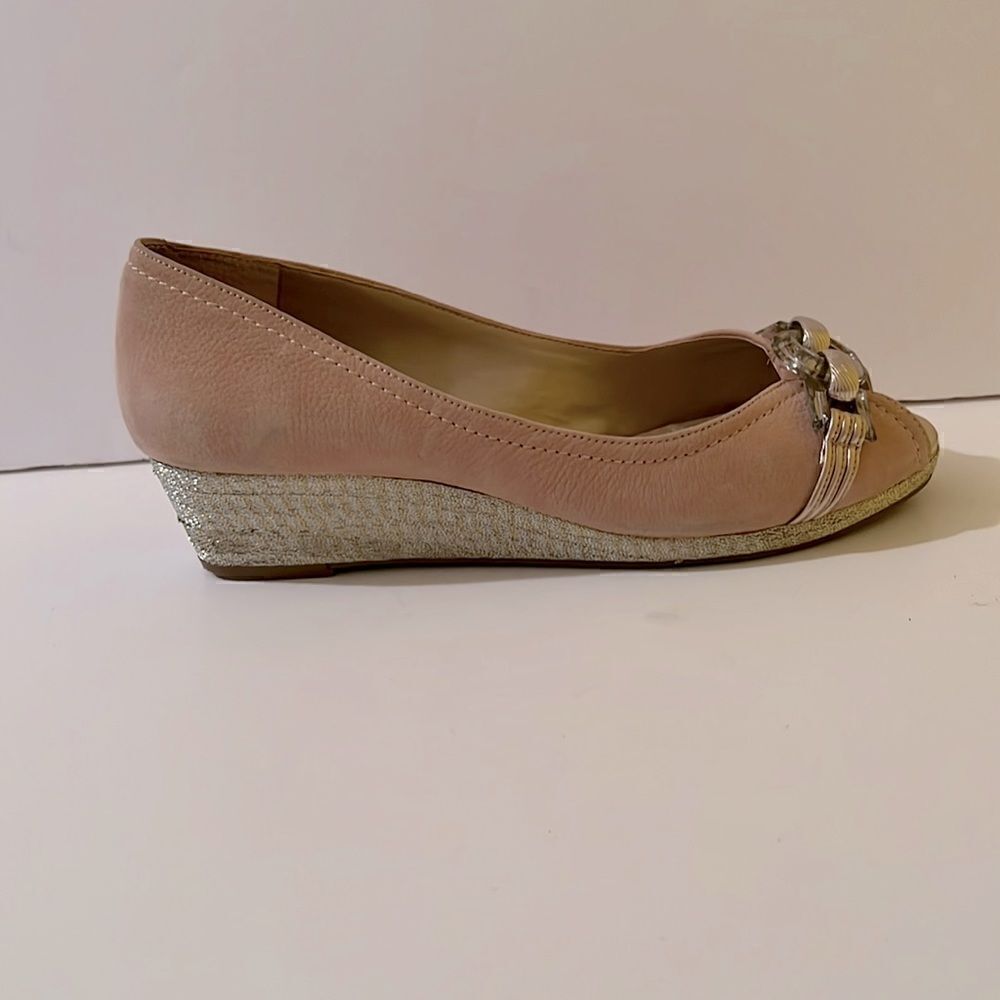 Alex Marie Light Tan Suede Sparkling Wedge Peep Toe Shoes with Gold Crystal 7